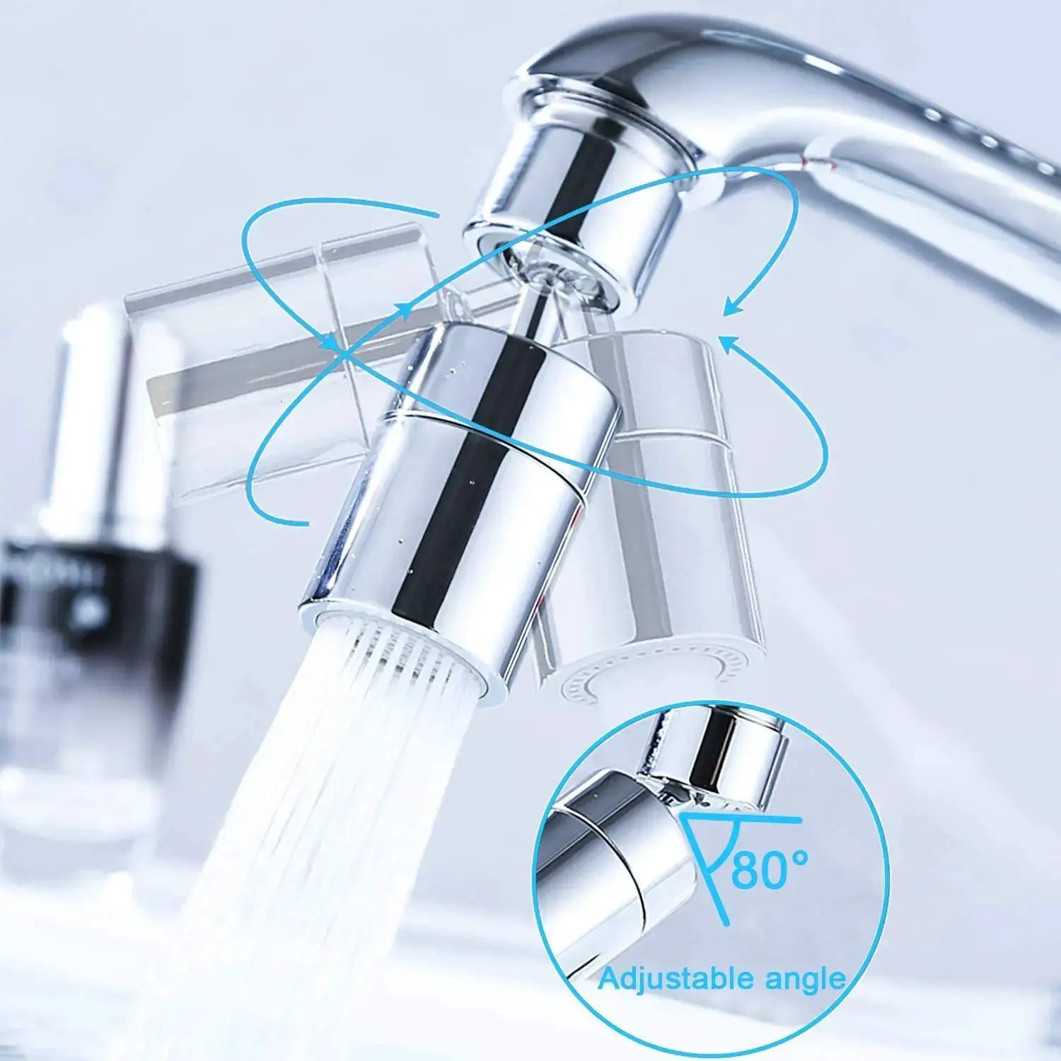 Dual-function anti-splash bubbler faucet aerator by Simples Market, chrome, 360° swivel, 80° adjustable angle