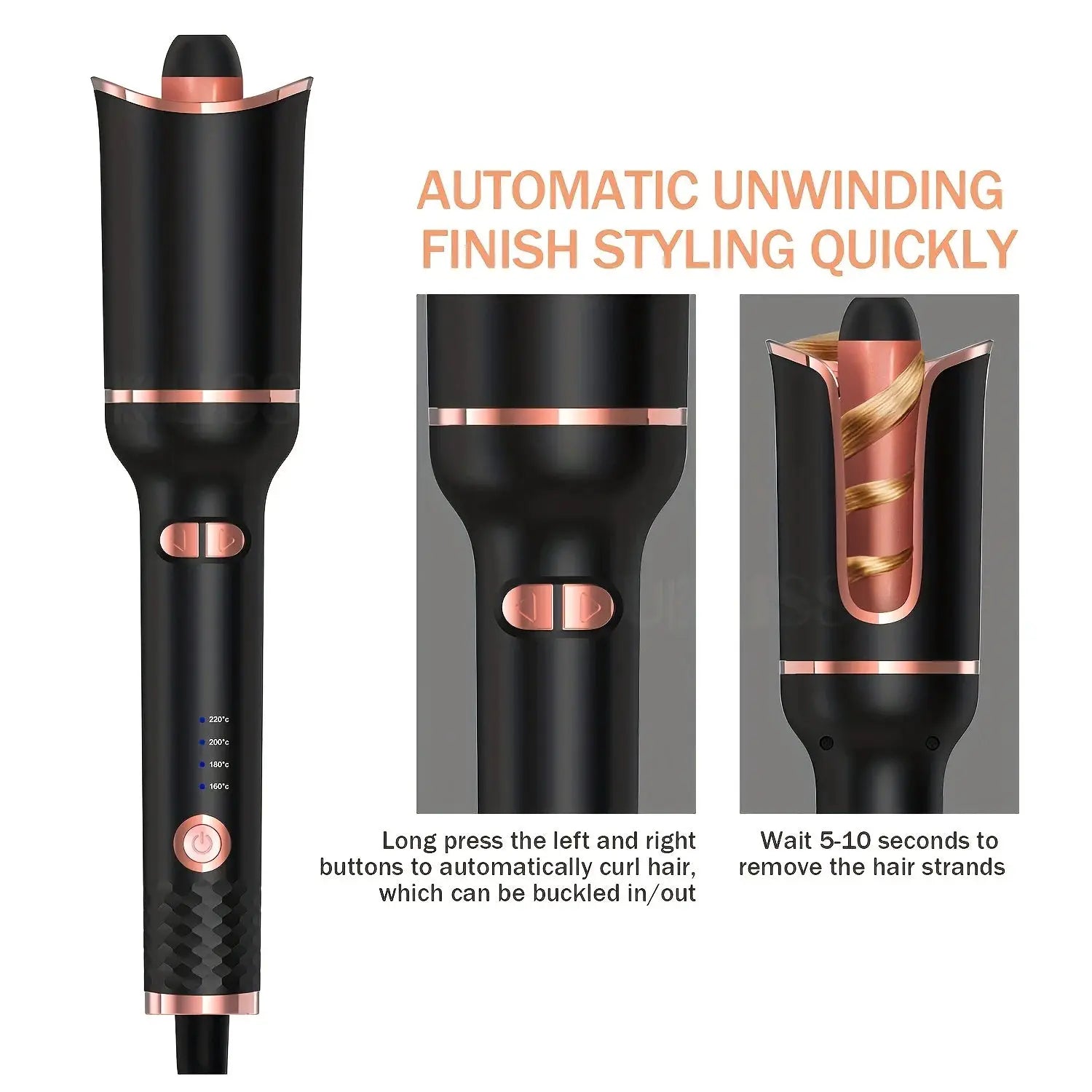 Automatic hair curler by Simples Market with ceramic rotating barrel, black with rose-gold accents