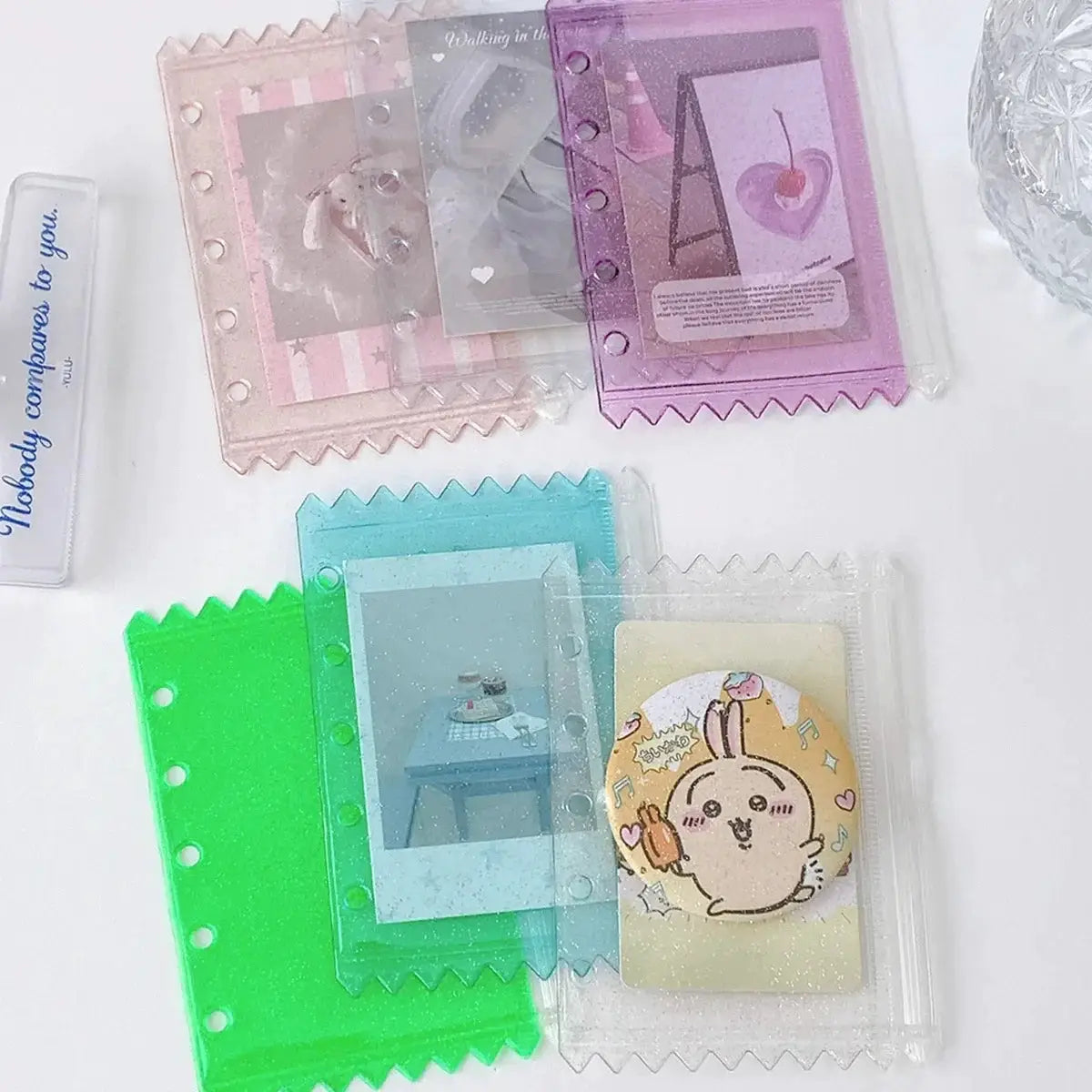 Set of candy-colored 5-hole binder pockets, transparent PVC folders in pink, purple, teal, green and clear for binder filing