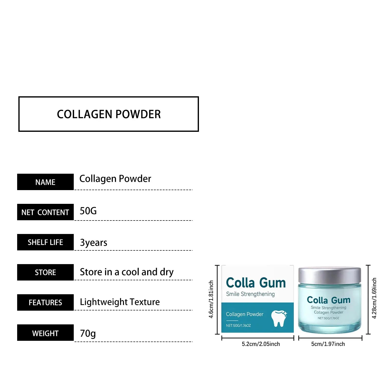 Collagen Powder jar with turquoise lid beside boxed COLLAGEN POWDER label