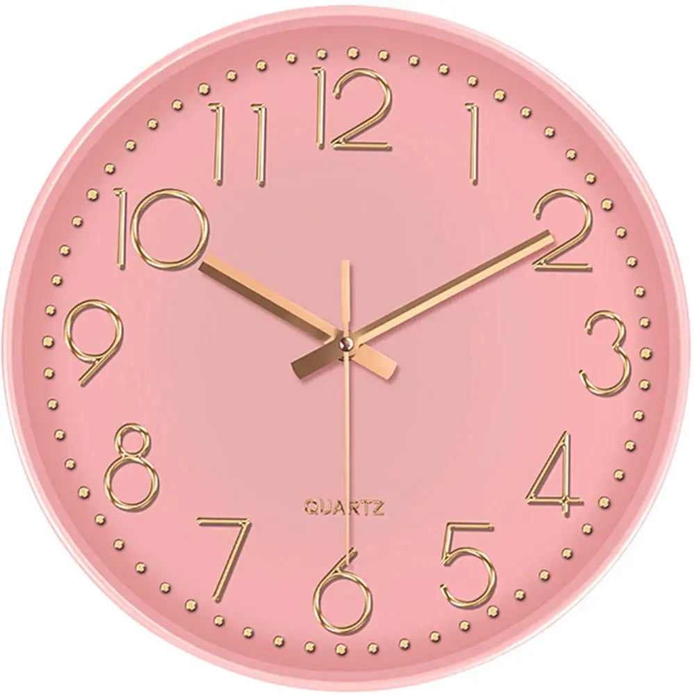 Pink round wall clock with gold 3D numerals and hands, quartz design for living room