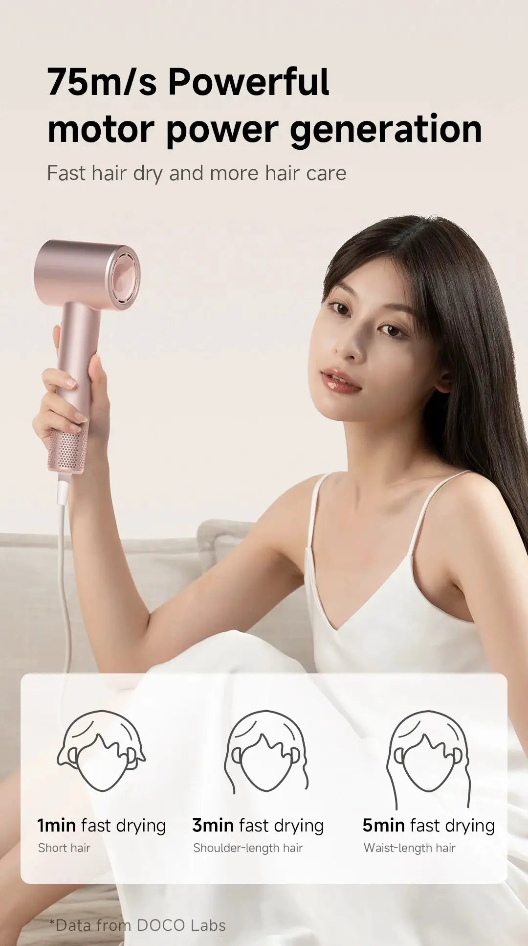 DOCO hair dryer by Simples Market in pink, high-speed 75m/s professional handheld