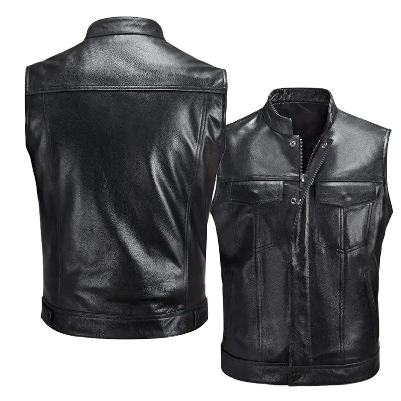 Men's black faux leather waistcoat with stand collar, zip front and dual chest pockets
