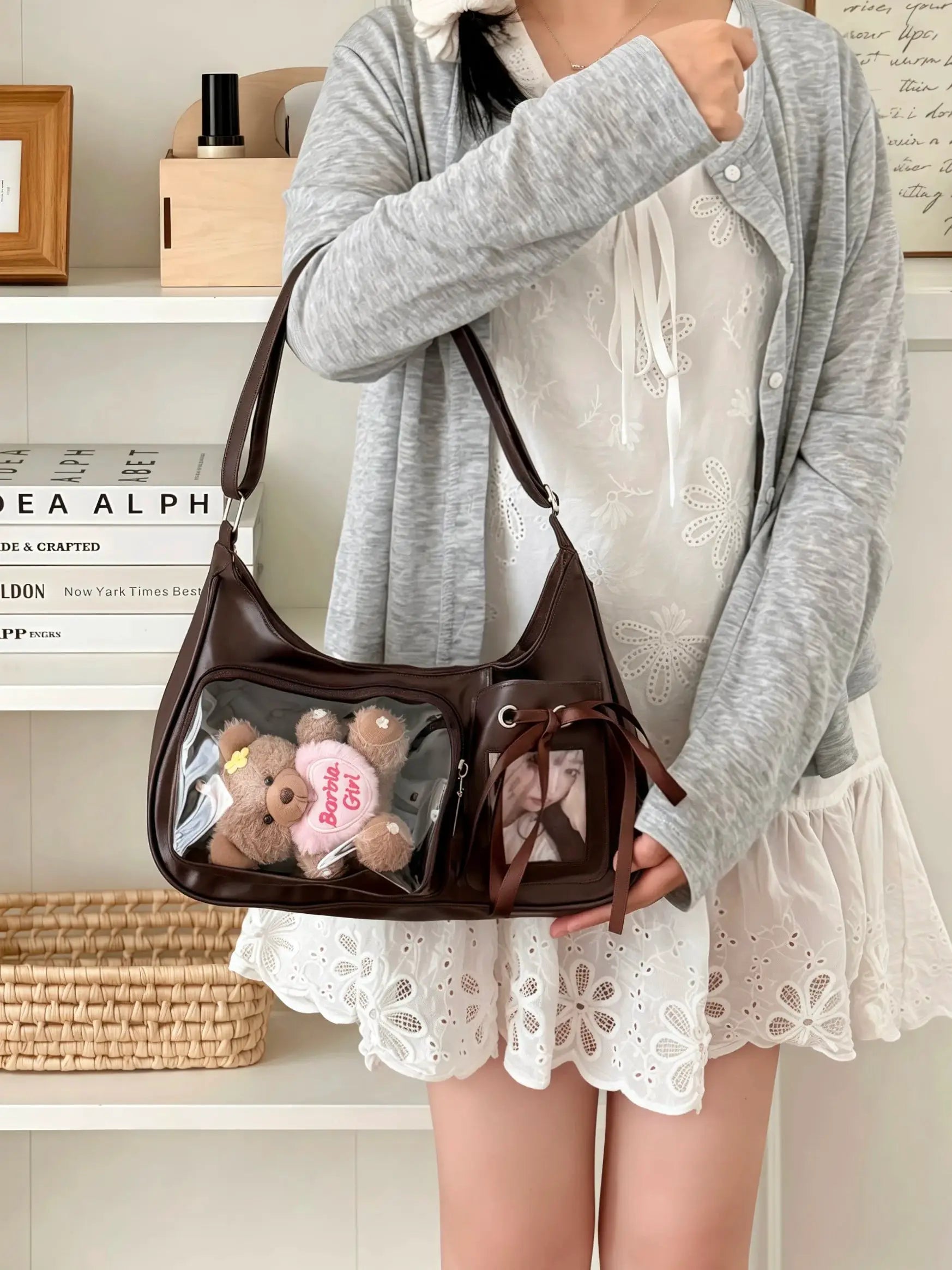 Y2k Harajuku Ita bag, brown faux leather crossbody with clear panel showing two teddy plush toys