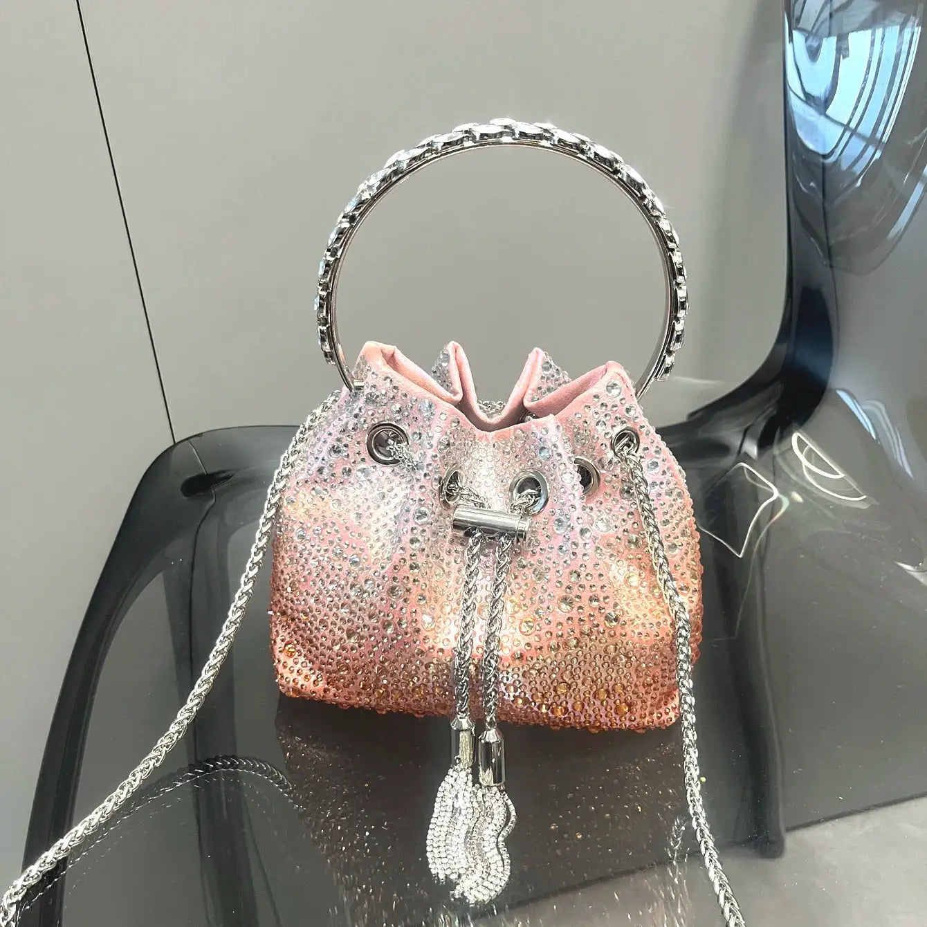Simples Market pink rhinestone evening clutch with silver ring handle and chain strap