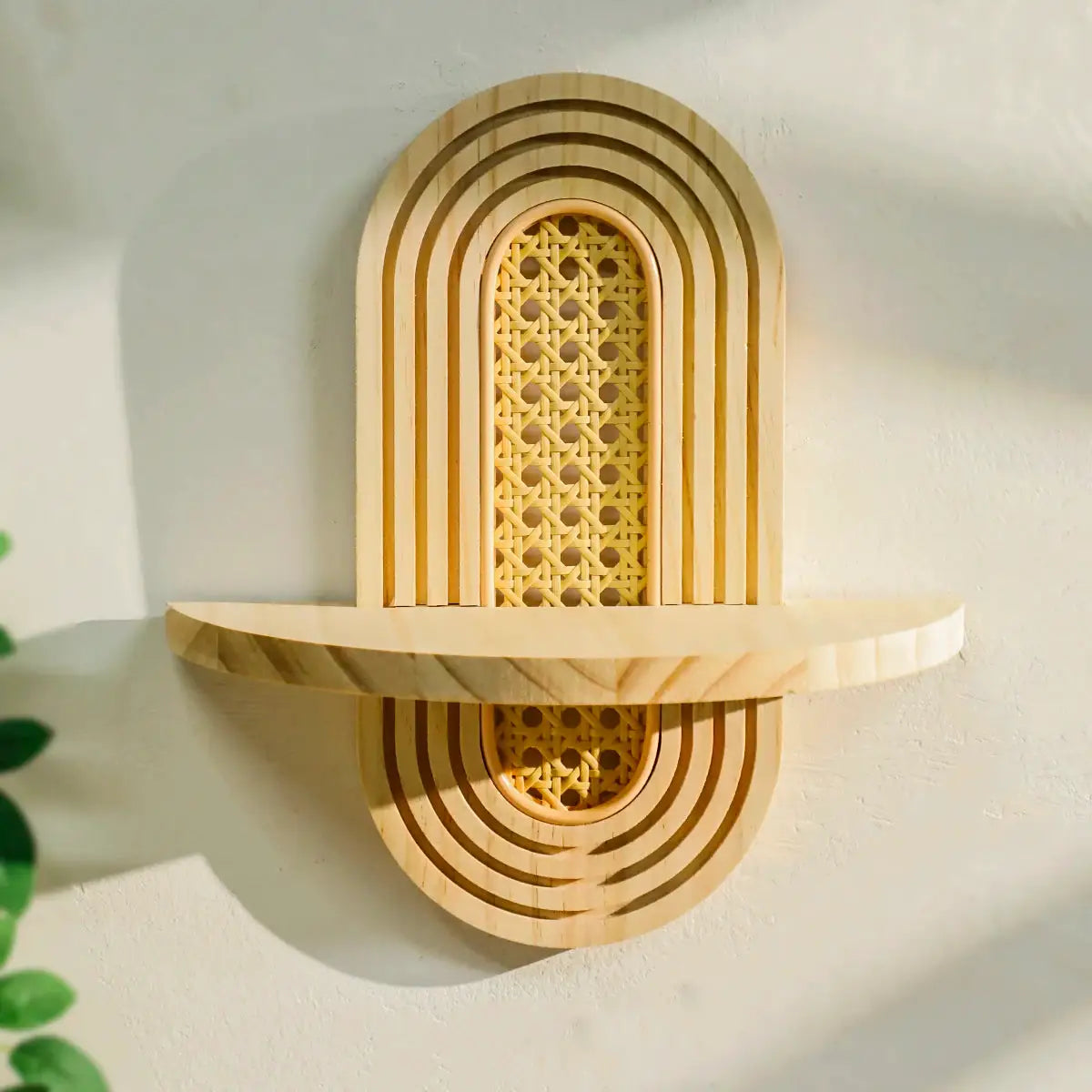 Wooden wall shelf with boho geometric arch layers and lattice center in natural wood finish, 1pc