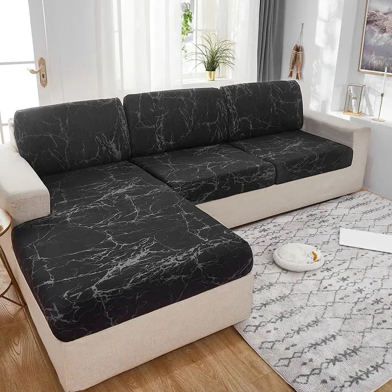 Simples Market 1PC Elastic Seat Cushion Cover for sofa—black marble pattern, washable and removable