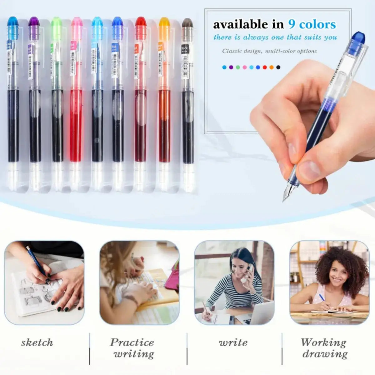 Large-capacity disposable fountain pen set by Simples Market in 9 colors with clear bodies and metal nibs
