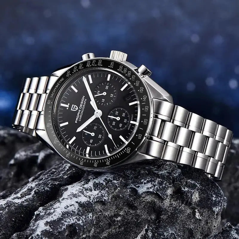 PAGANI DESIGN chronograph watch with stainless steel bracelet, black dial and tachymeter bezel