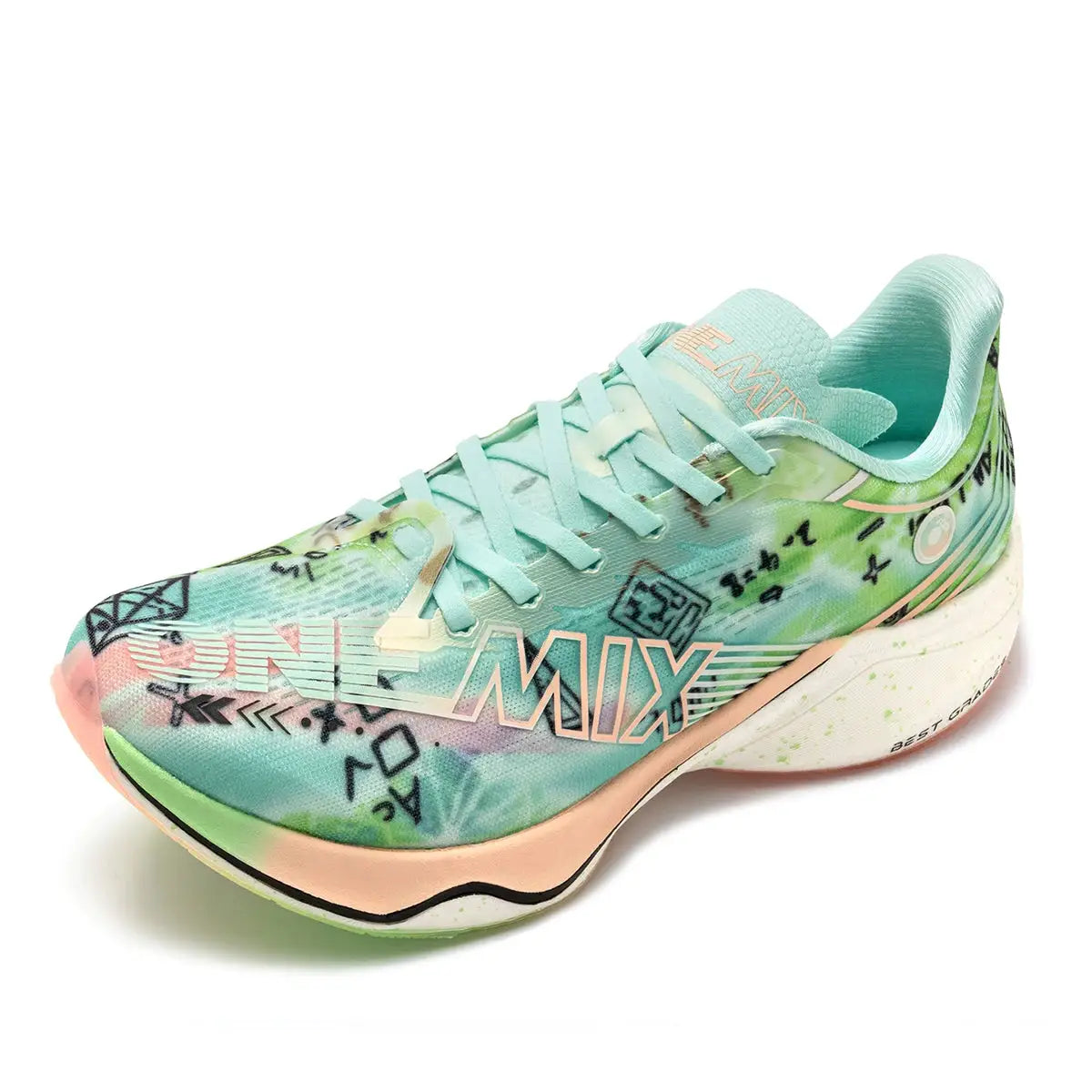 ONEMIX Marathon carbon-plate running shoes; mint teal with graphic print, pastel peach sole, breathable upper