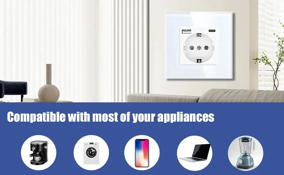 White wall electrical socket with USB charging port on glass panel in a living room
