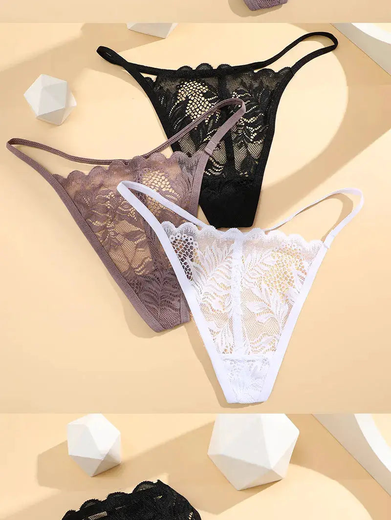 3-pack lace thong set in black, mauve, and white; low-rise, sheer floral lace lingerie.