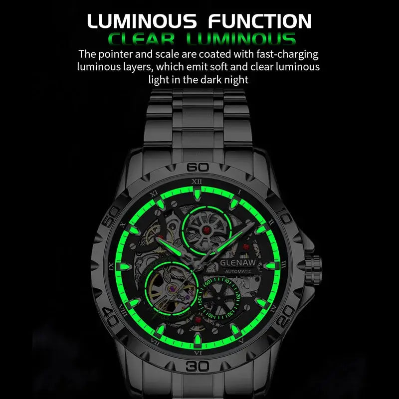 GLENAW skeleton men's watch with waterproof stainless steel strap, luminous green accents, automatic movement