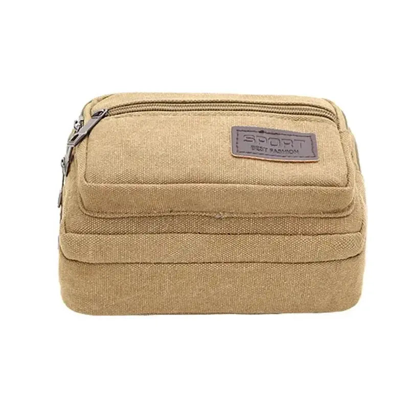 Canvas waist bag by Simples Market in tan, outdoor multifunctional phone pouch with dual zippers