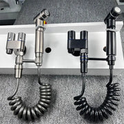 Toilet bidet sprayer set by Simples Market with two units, dual spray heads and coiled hoses, stainless steel and black