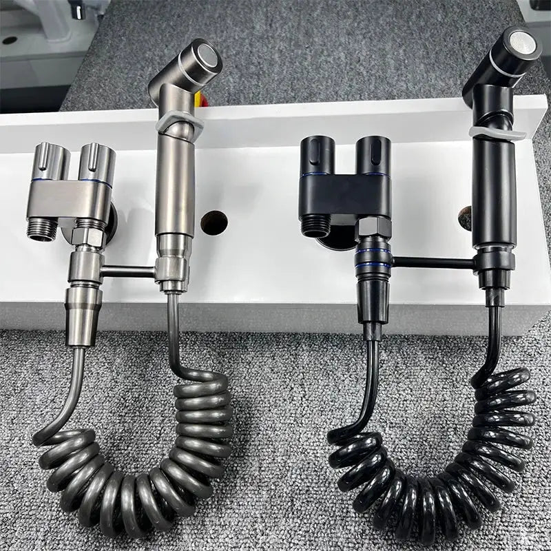 Toilet bidet sprayer set by Simples Market with two units, dual spray heads and coiled hoses, stainless steel and black