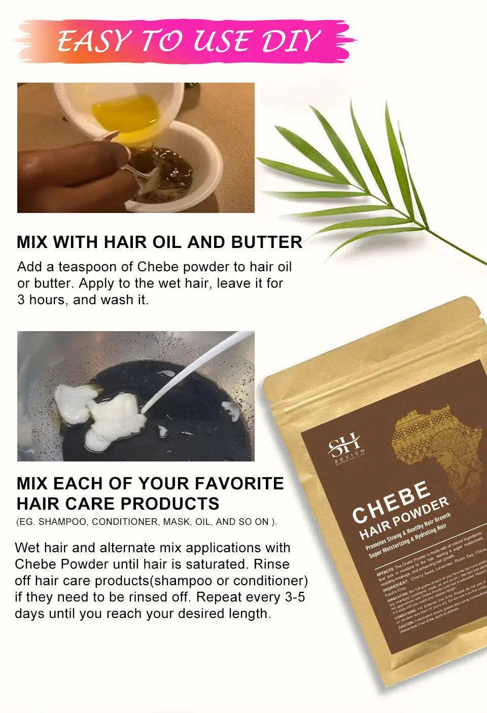 100% Natural Chebe Powder Natural Ingredients Promotes Hair Strengthens & Thickens Anti Hair Loss Hair Regrowth Treatment
