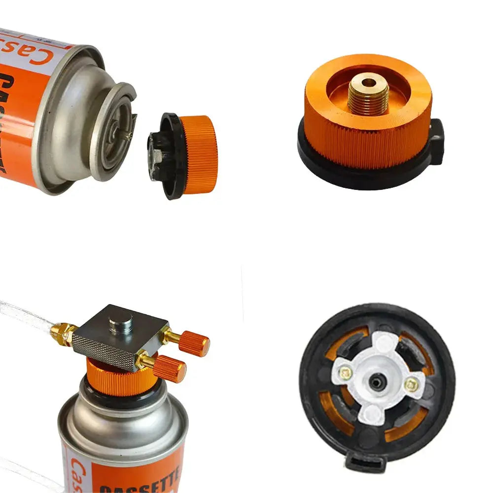 Camping gas refill adapter kit by Simples Market, 4-piece with orange knurled fittings and burner head