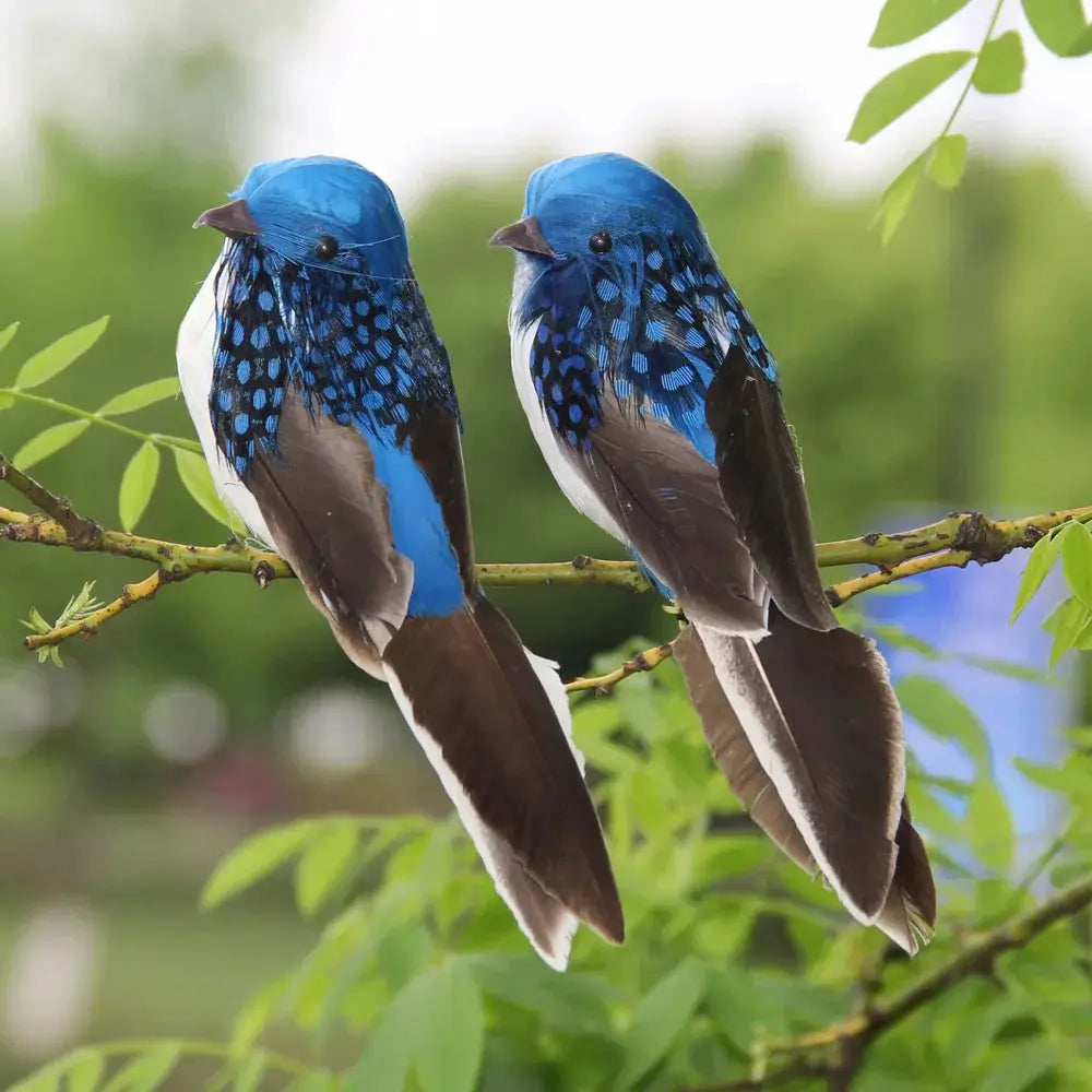 Artificial blue feather sparrow pair by Simples Market for garden decor