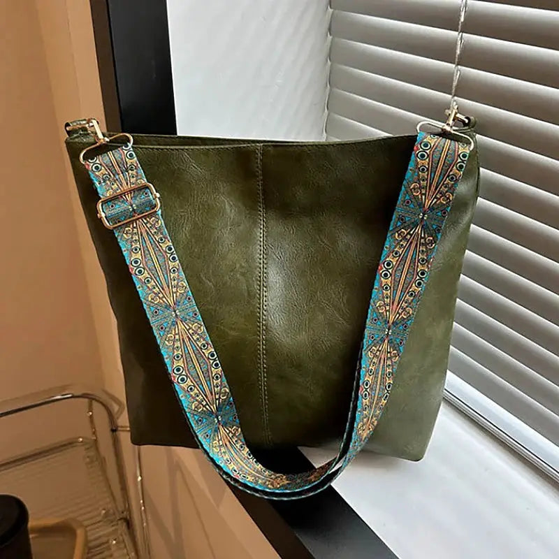 Nova Geometric Strap Shoulder Bag Wide Crossbody Large Capacity Retro PU Leather