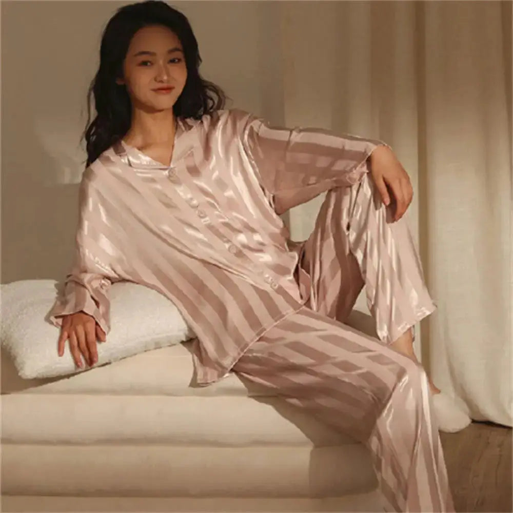 LuxeNest Womens Striped Satin Pajama Set Loose Fit All Season Comfort In Breathable Imitation Silk Polyester