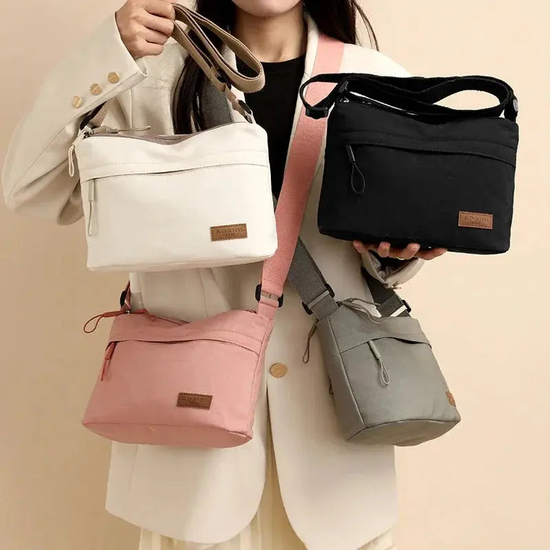 Simples Market canvas shoulder crossbody bag with 3 main pockets, set of four bags in white, black, pink and gray