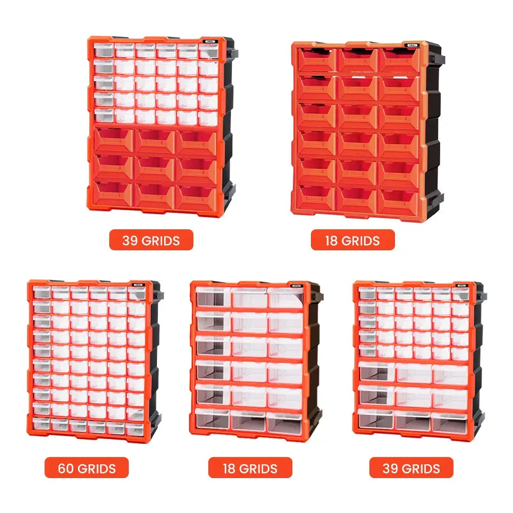 Airaj five-piece plastic drawer storage box set by Simples Market with orange frames and transparent bins.