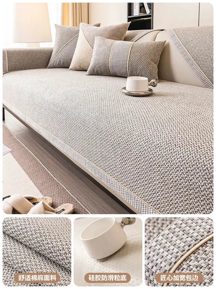 Simples Market linen sofa cover with beige woven cotton fabric and non-slip bottom