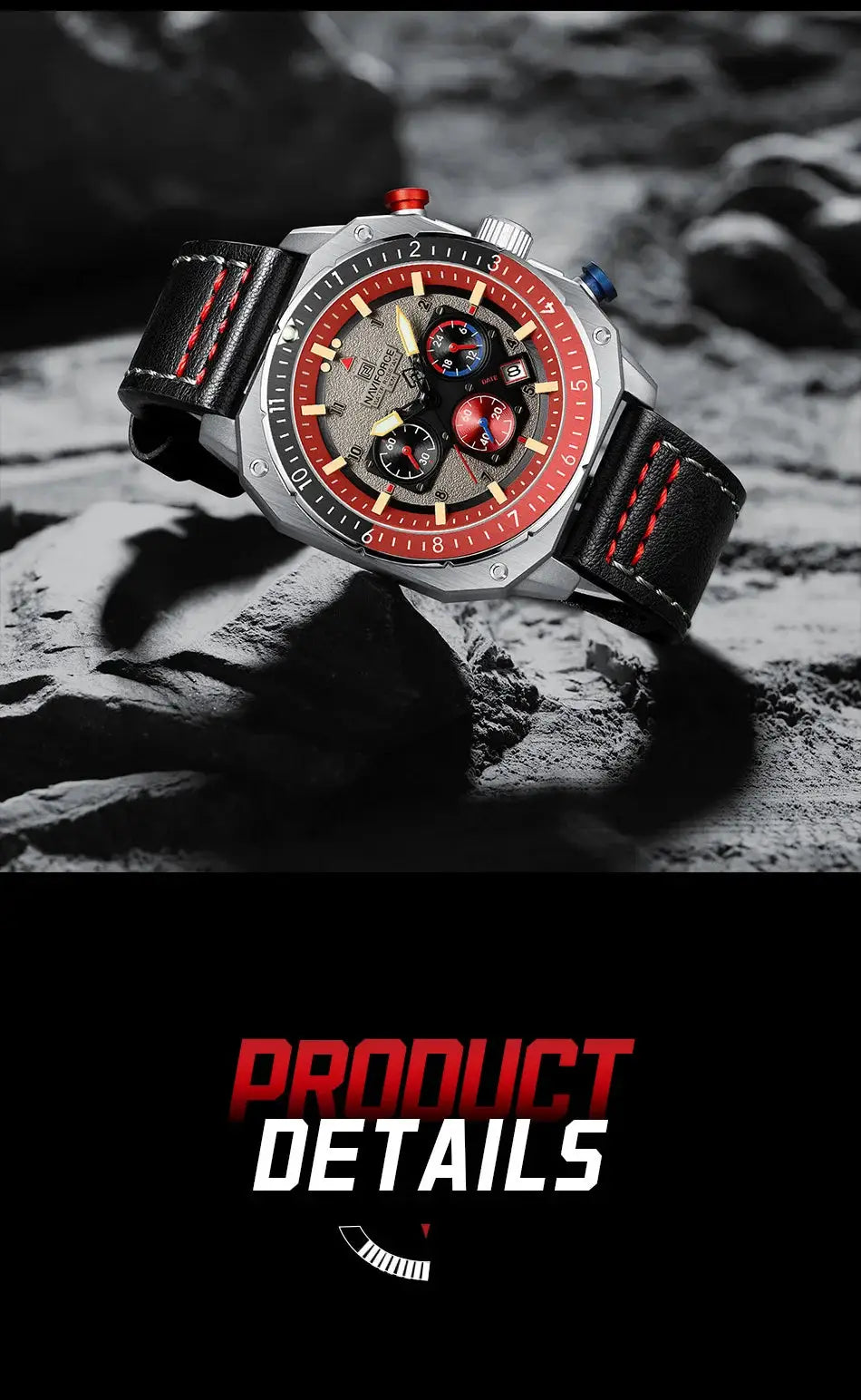 NAVIFORCE men's multifunction waterproof square watch with black leather strap, red bezel and luminous dial