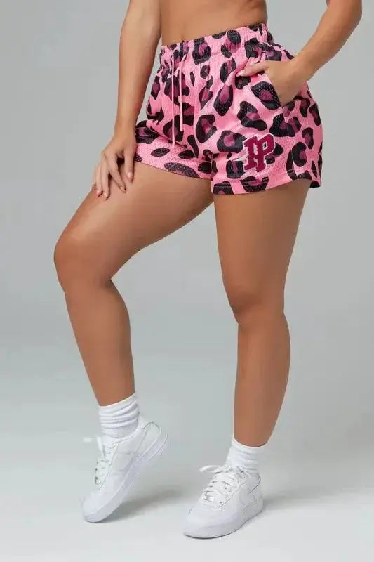 Men's pink leopard-print athletic shorts with breathable quick-dry mesh