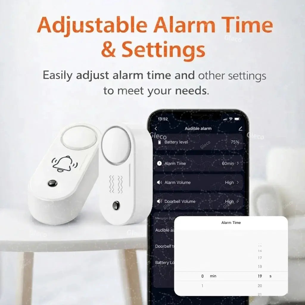 Zigbee siren alarm and vibration sensor pair in white from Simples Market; smartphone app shows adjustable alarm time
