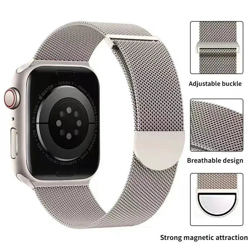 Simples Market Metal Milanese strap for Apple Watch, stainless steel mesh with adjustable buckle and magnetic clasp.