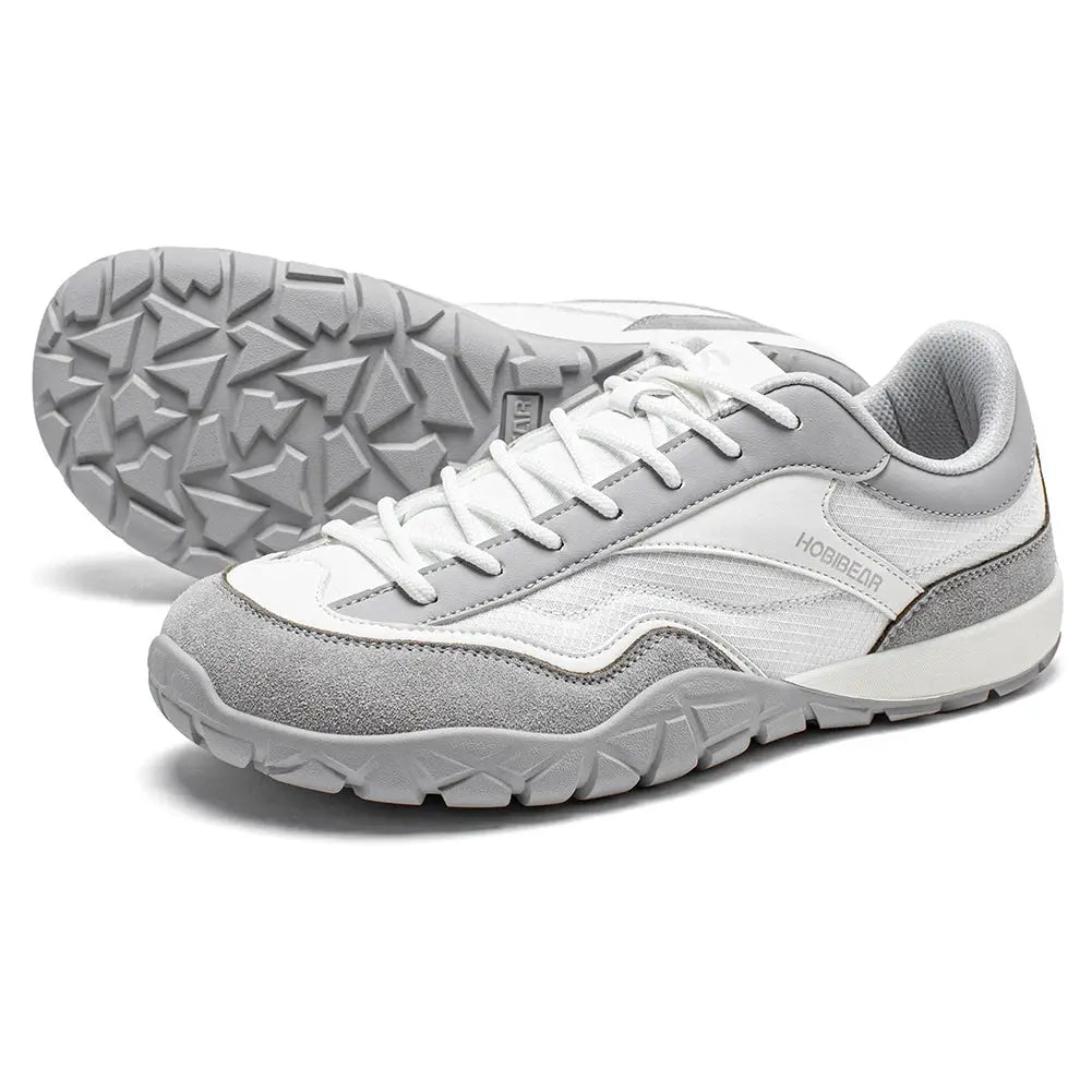 HOBIBEAR wide-width hiking shoes, unisex trekking sneakers in white/grey mesh and suede, non-slip outsole.