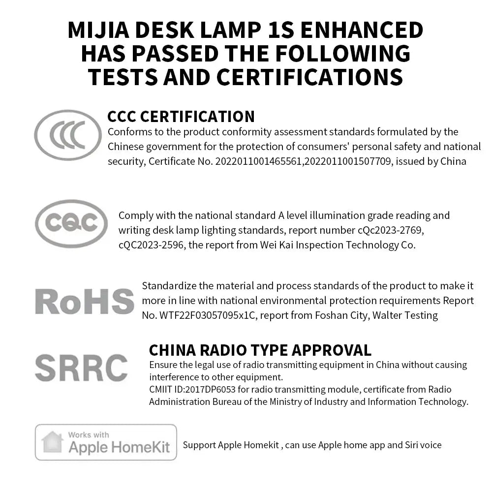 MIJIA Desk Lamp 1S Enhanced Version by Simples Market with CCC, CQC, RoHS, SRRC and Apple HomeKit badges