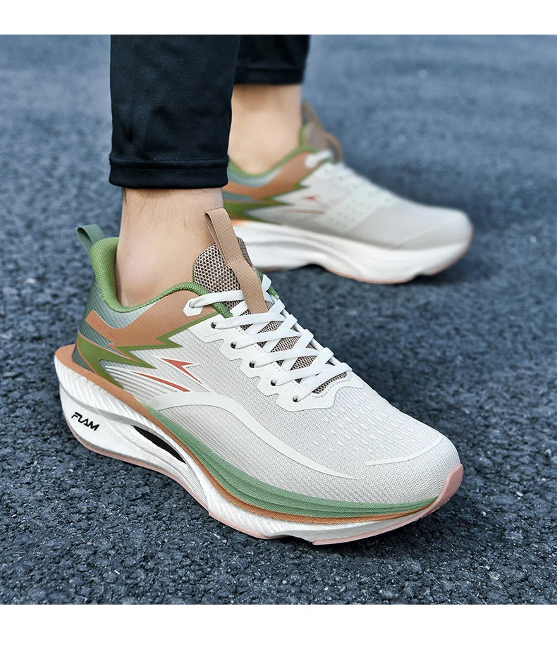 Pair of men's running shoes by Simples Market; white mesh sneakers with green, tan, peach accents and air-cushion sole.