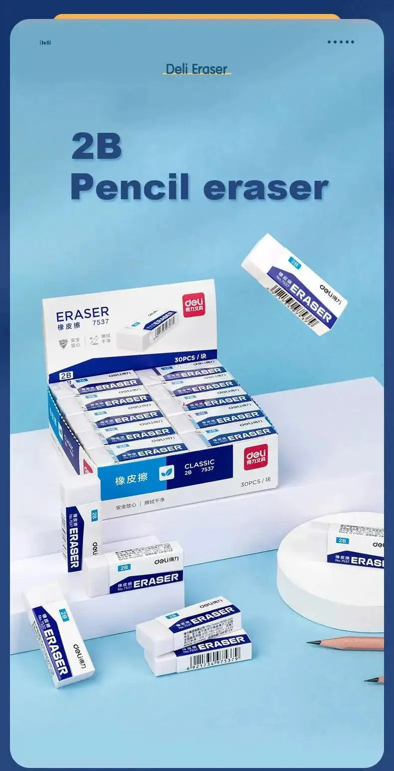 Deli 2B pencil eraser set; blue and white packaging, 5/10pcs, clean-mess erasers for students