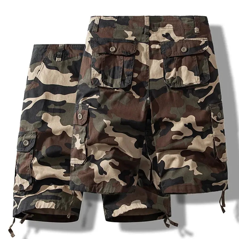 Simples Market men's camouflage cotton cargo shorts, two pairs with multiple pockets and drawstring hems