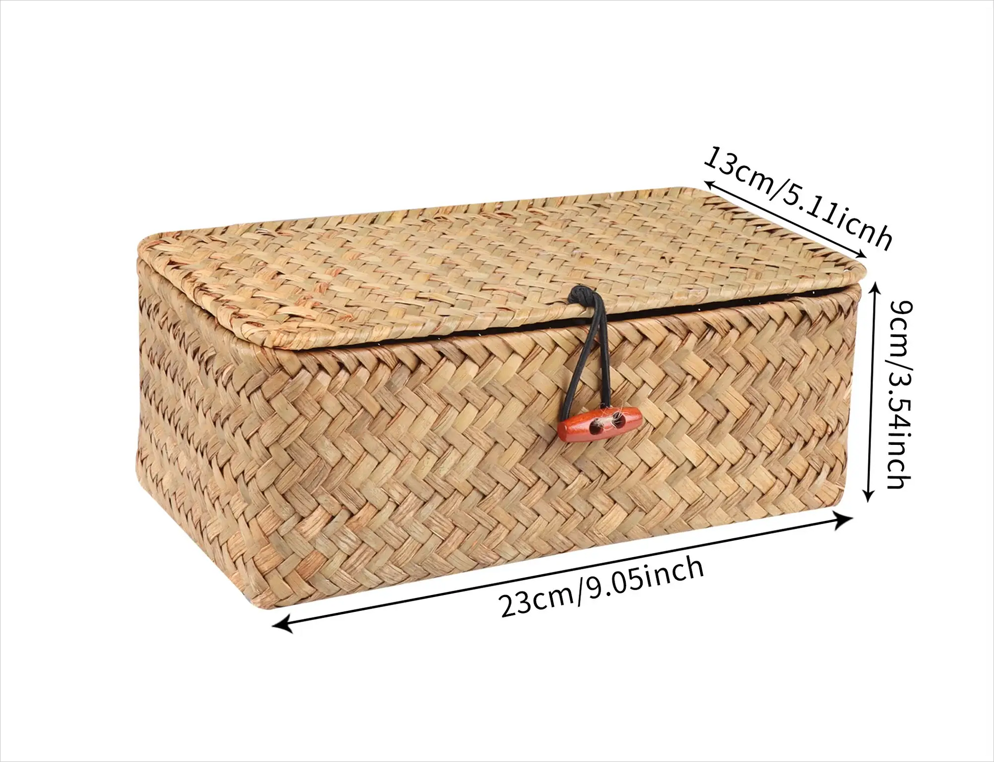 Rectangular seagrass storage basket with lid, handmade rattan weave in natural color, Simples Market