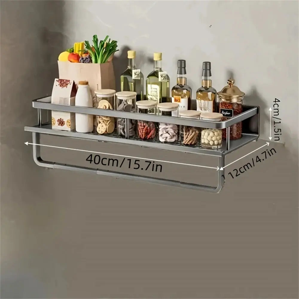 Multi-functional wall-mounted seasoning rack with rod by Simples Market; gray metal holds spice bottles and jars.