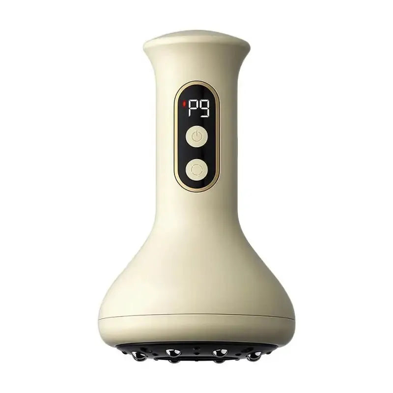 USB rechargeable abdominal massager by Simples Market, beige handheld device with digital display and two control buttons.