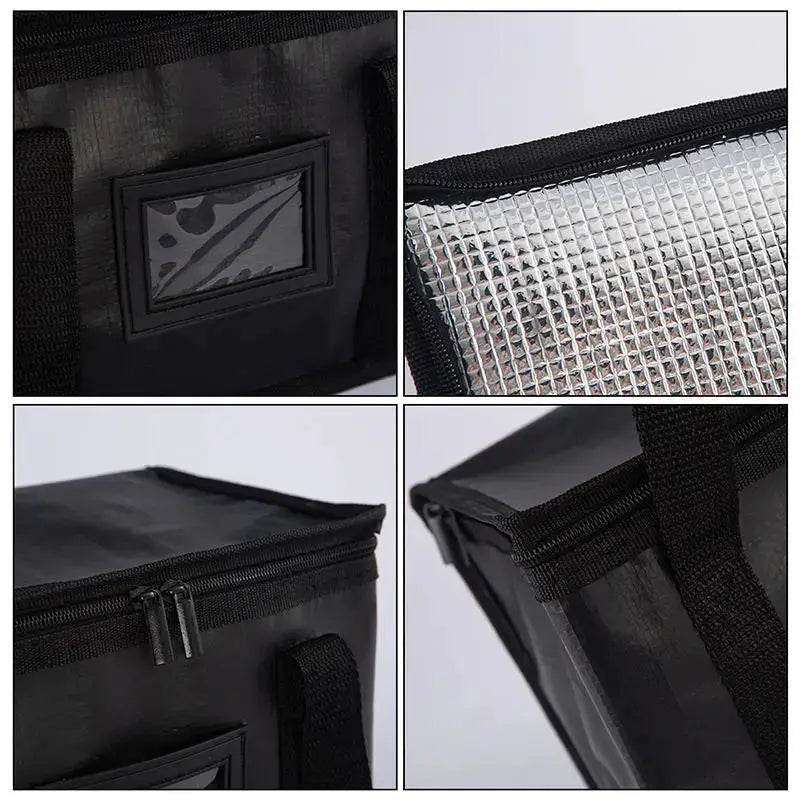 Portable insulated food delivery bag by Simples Market, black with reflective inner lining, top zipper and carry handles