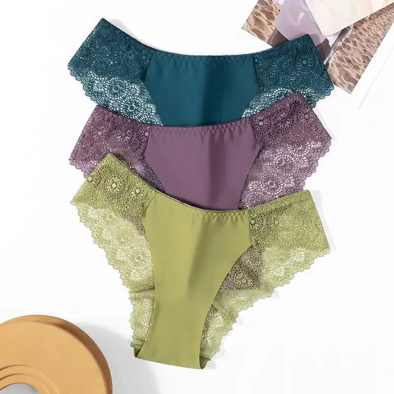 4-pack women's silk satin panties with lace trim in teal, purple, olive green shades