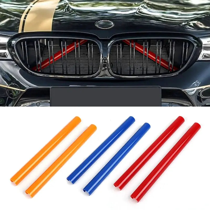 BMW front grille trim strips six-piece set by Simples Market in orange, blue and red