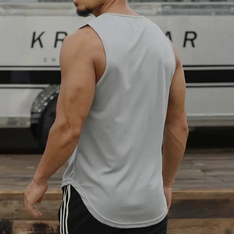Men's light gray sleeveless gym tank top with curved hem, back view