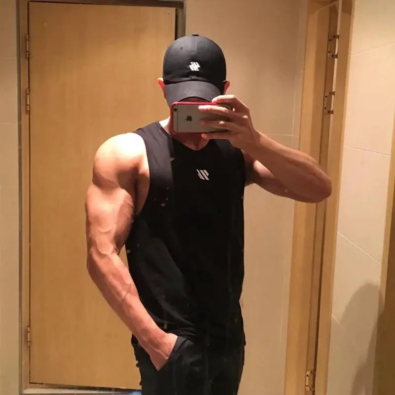 Men's Simples Market bodybuilding stringer tank top, black sleeveless gym shirt with logo