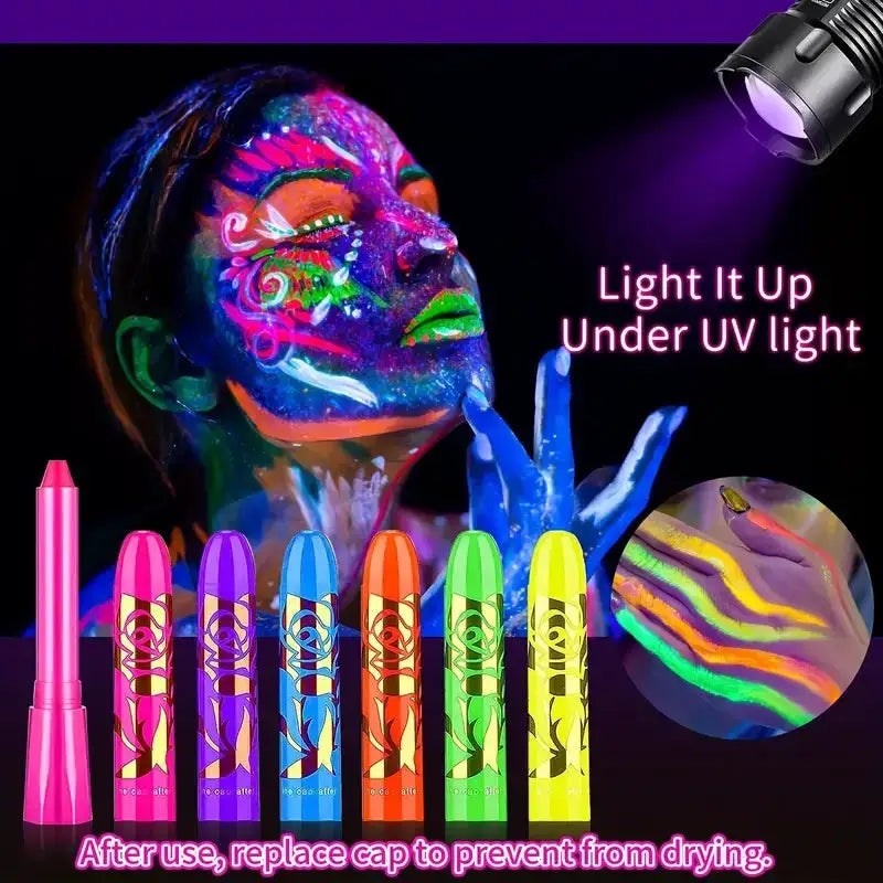 Six Piece UV Neon Face Painting Kit Glow Under UV Black Light Washable