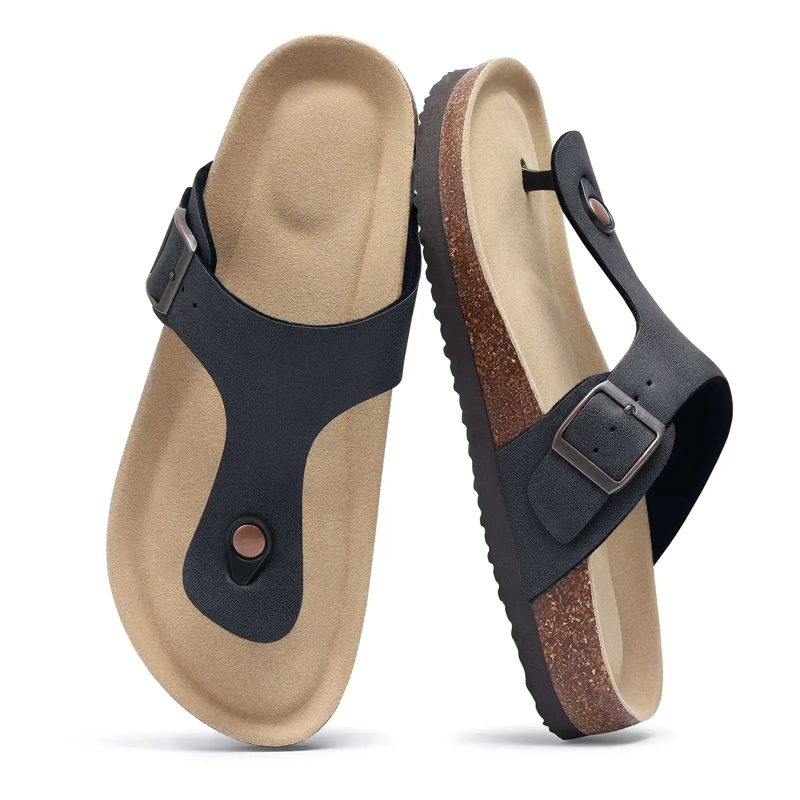 Crestar women's navy suede sandals with adjustable strap, cork footbed and buckle pair