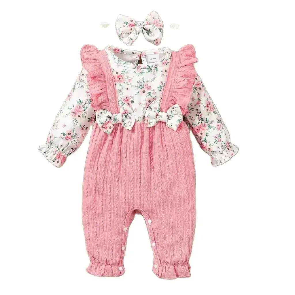 0-18 Months Floral Long Sleeve Baby Girl Romper With Bow Bodysuit And Headband Set For Spring And Autumn