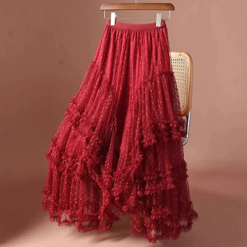 Red long tulle skirt with elastic high waist and tiered ruffle layers