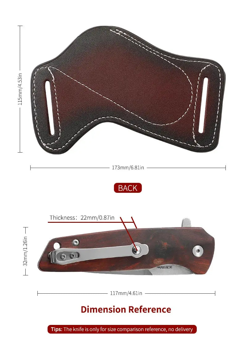 Leather knife sheath for belt carry, vintage brown cowhide with white stitching
